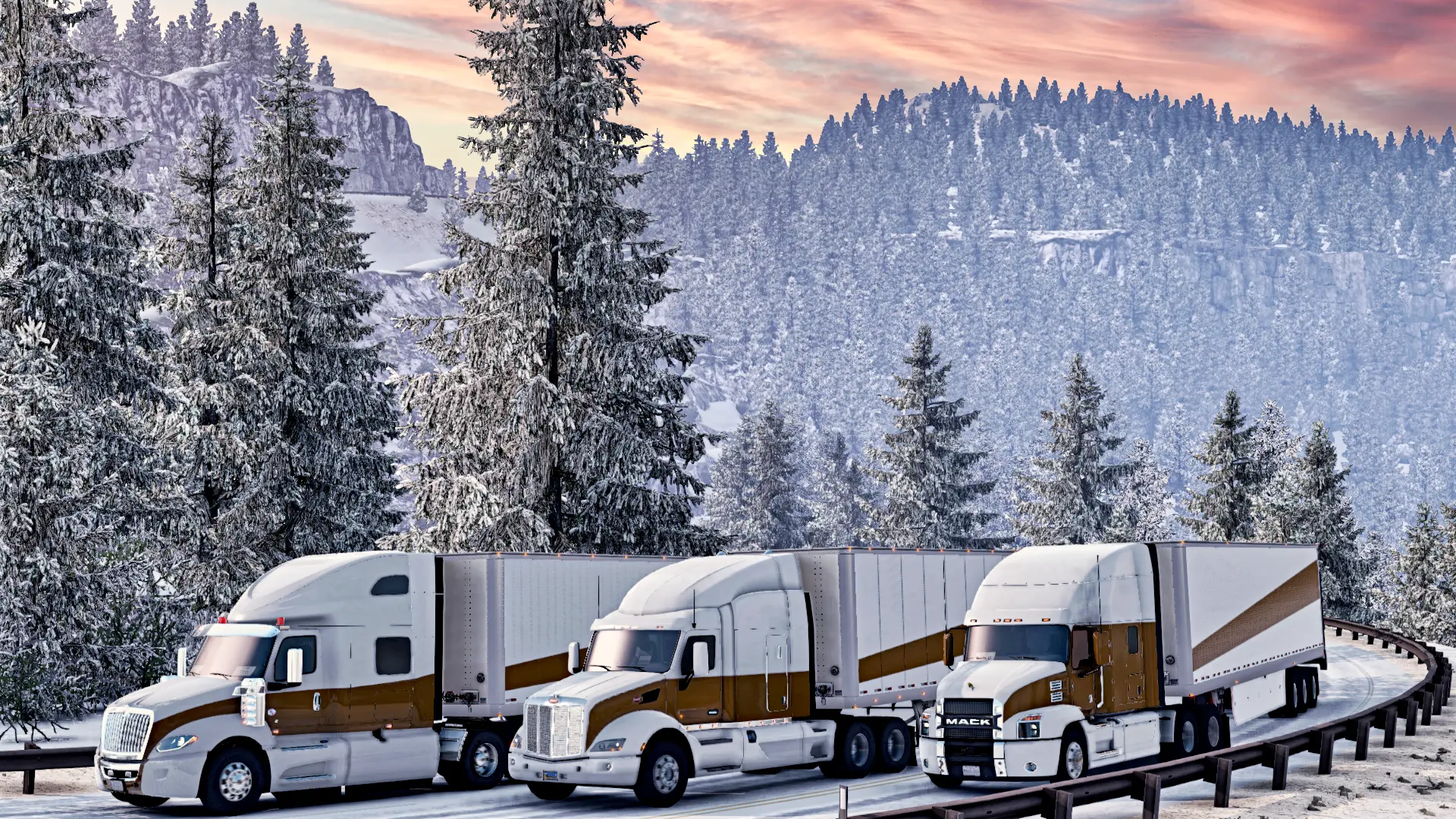 Three American GPE trucks going around a bend in the road, all trucks are wearing the new gold and white paint job. the landscape is covered in snow